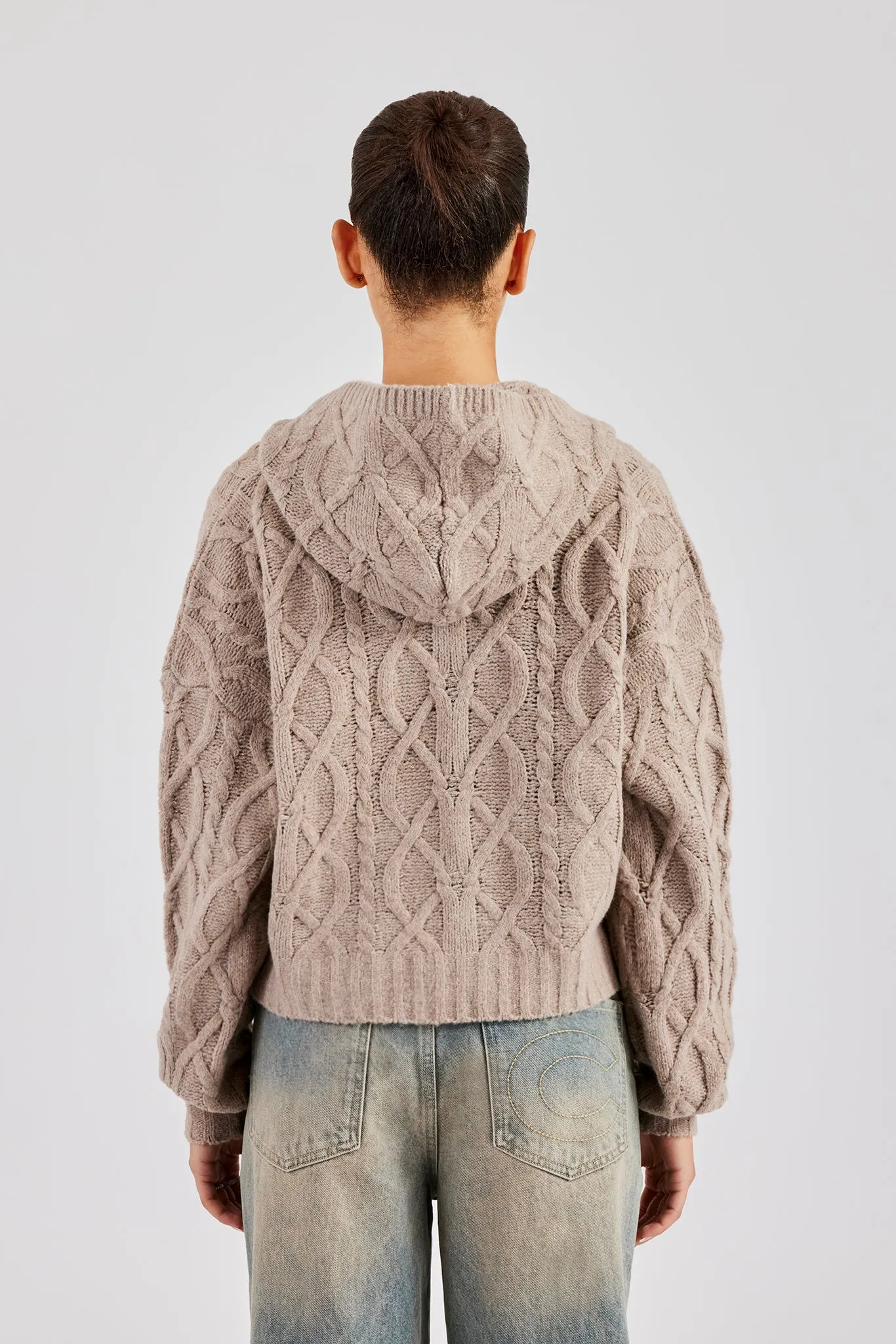 Cable Knit Zip Through Knit Hoodie - Stone