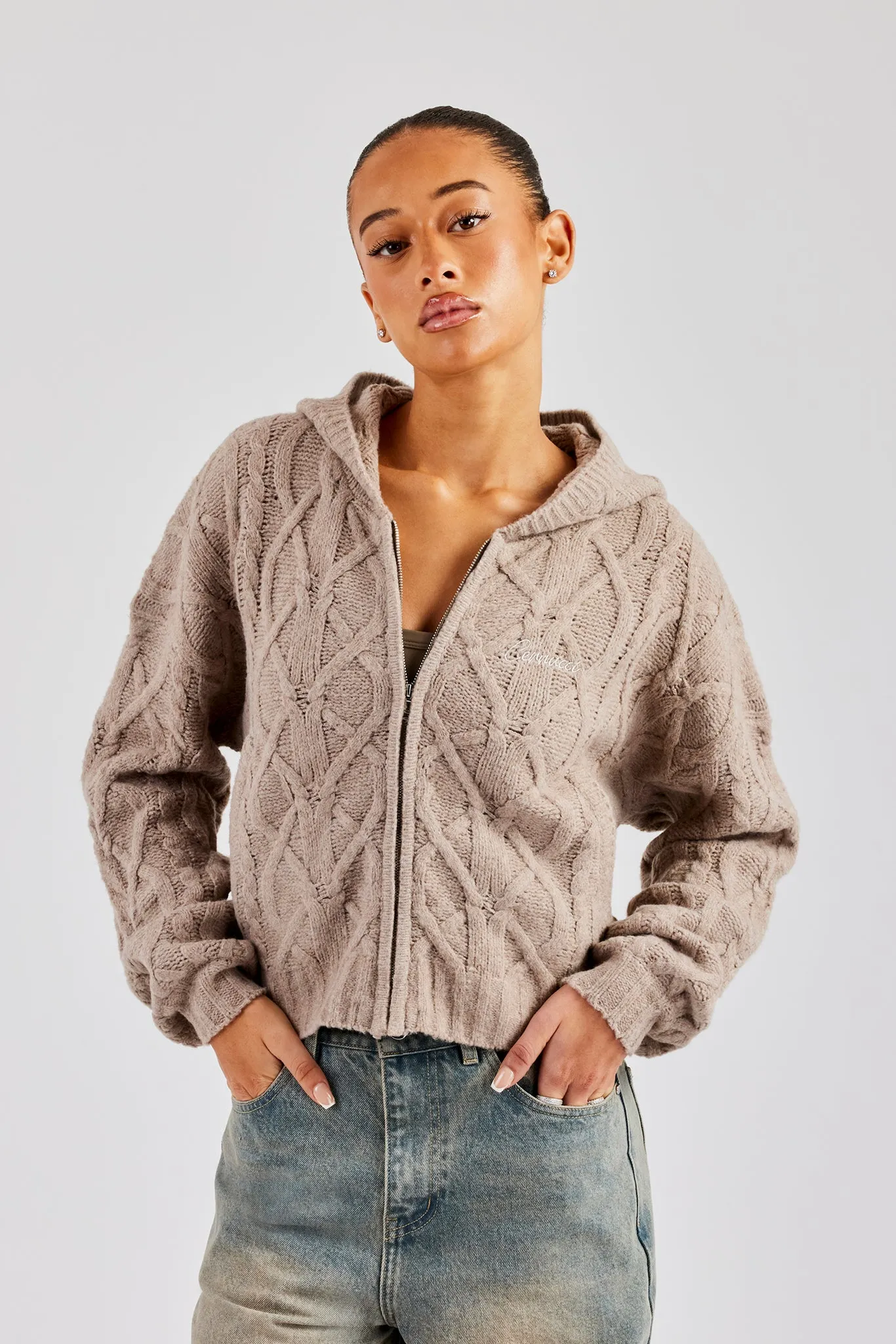 Cable Knit Zip Through Knit Hoodie - Stone