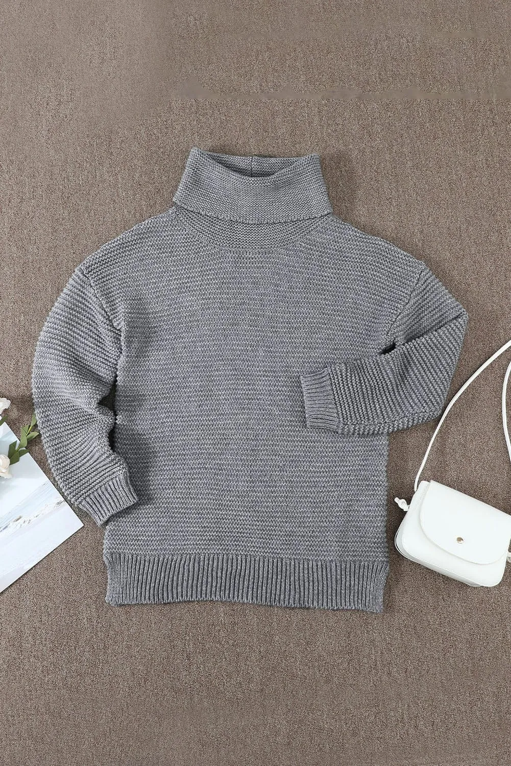 Casual Chunky Knit Mock Neck  Long Sleeve Split Pullover Sweater