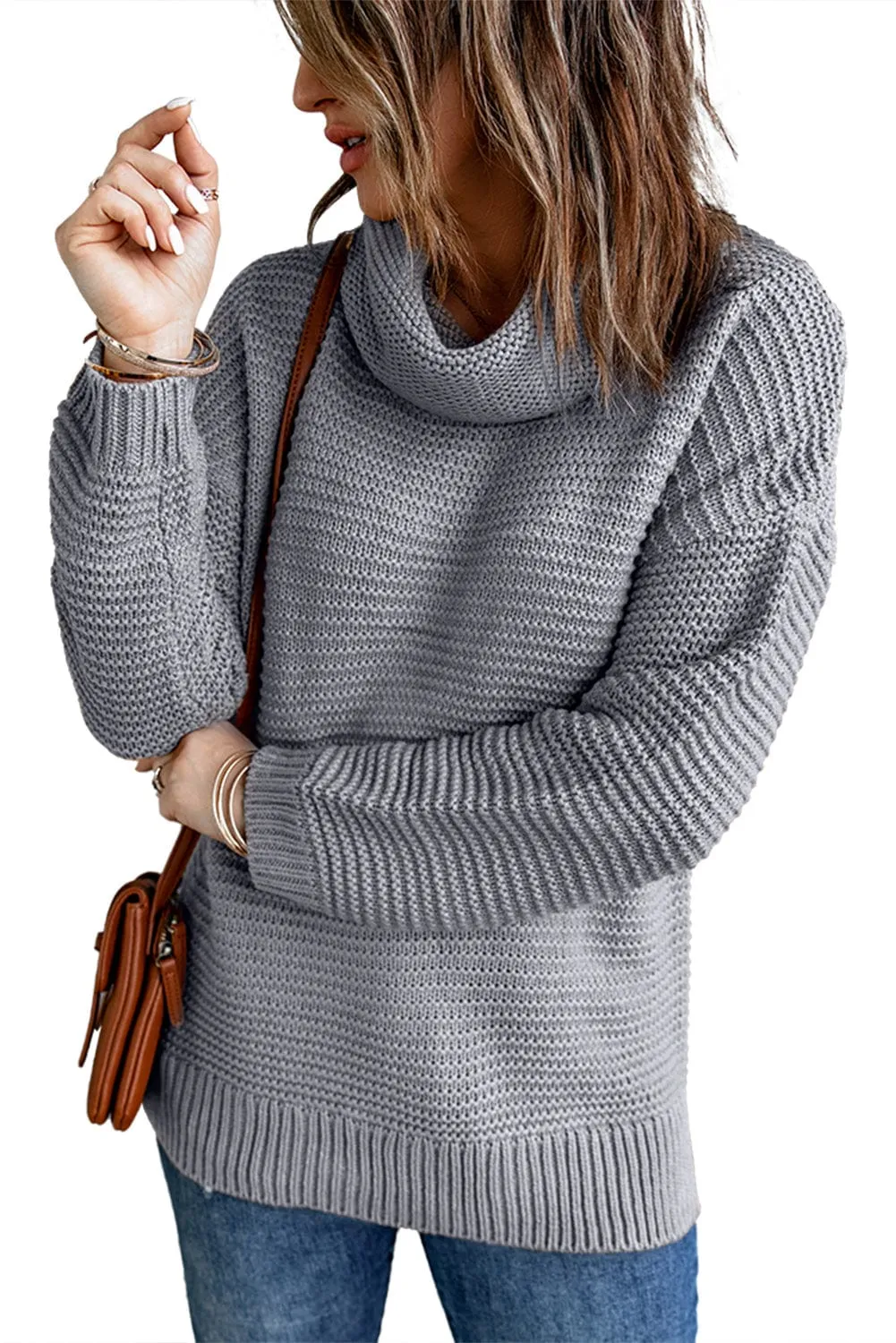 Casual Chunky Knit Mock Neck  Long Sleeve Split Pullover Sweater