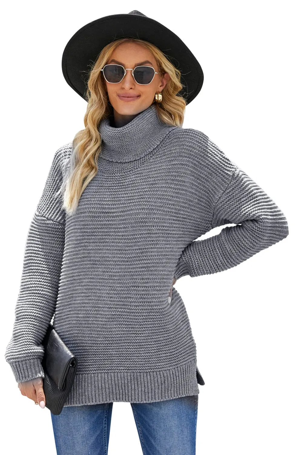 Casual Chunky Knit Mock Neck  Long Sleeve Split Pullover Sweater