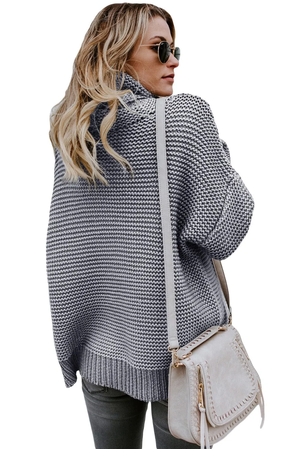 Casual Chunky Knit Mock Neck  Long Sleeve Split Pullover Sweater