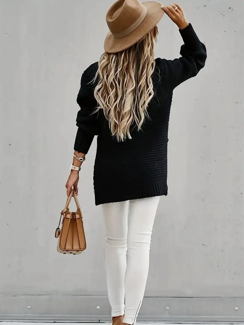 Casual Chunky Knit Mock Neck  Long Sleeve Split Pullover Sweater