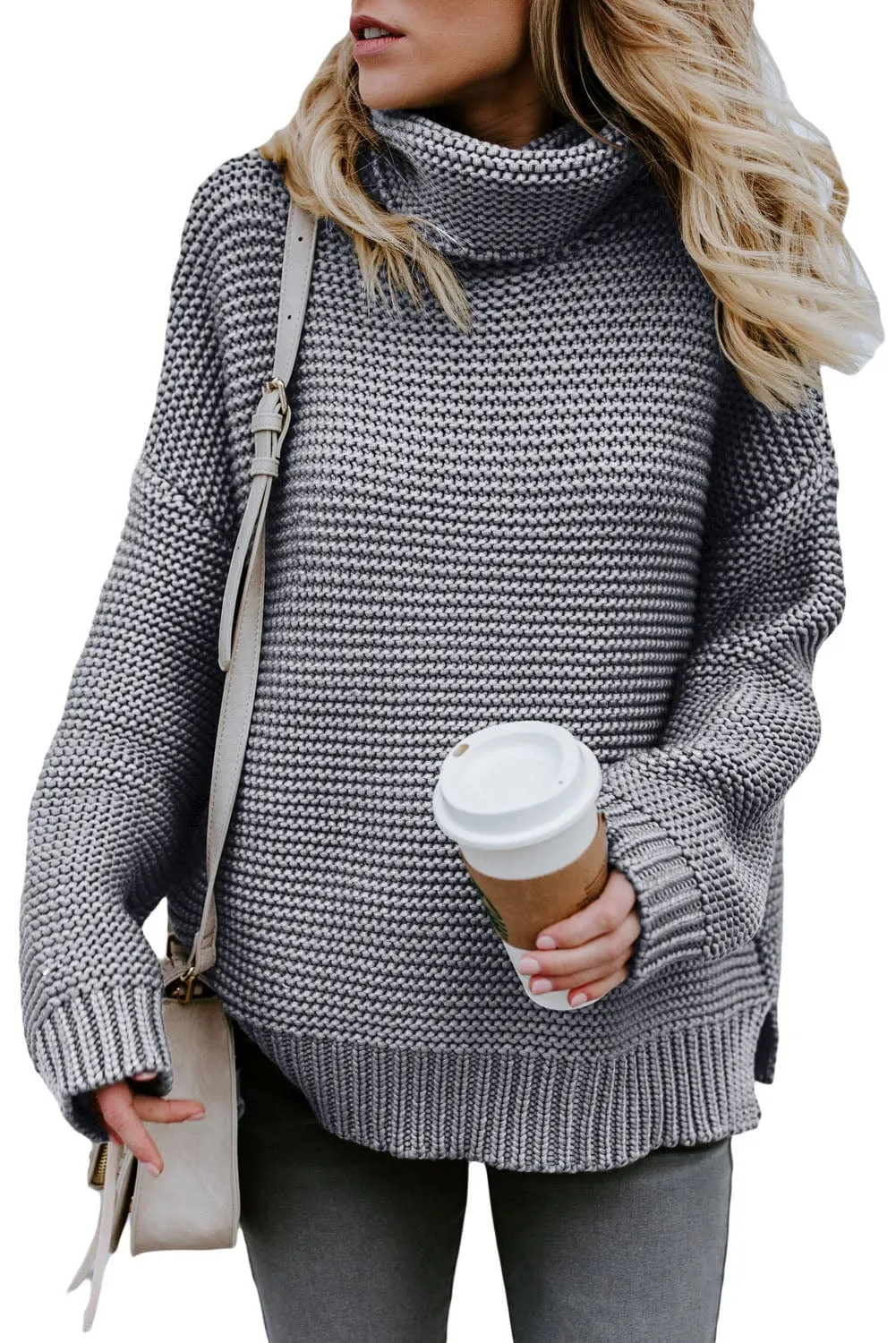 Casual Chunky Knit Mock Neck  Long Sleeve Split Pullover Sweater