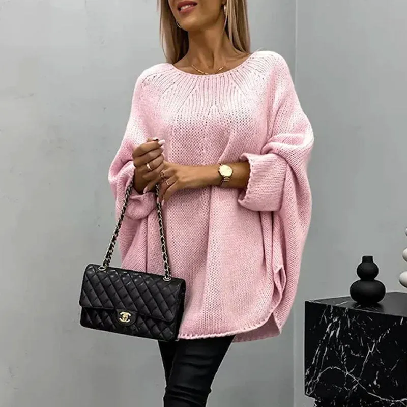 Chic Solid Round Neck Batwing Sleeve Oversized Knit Cocoon Poncho Sweater