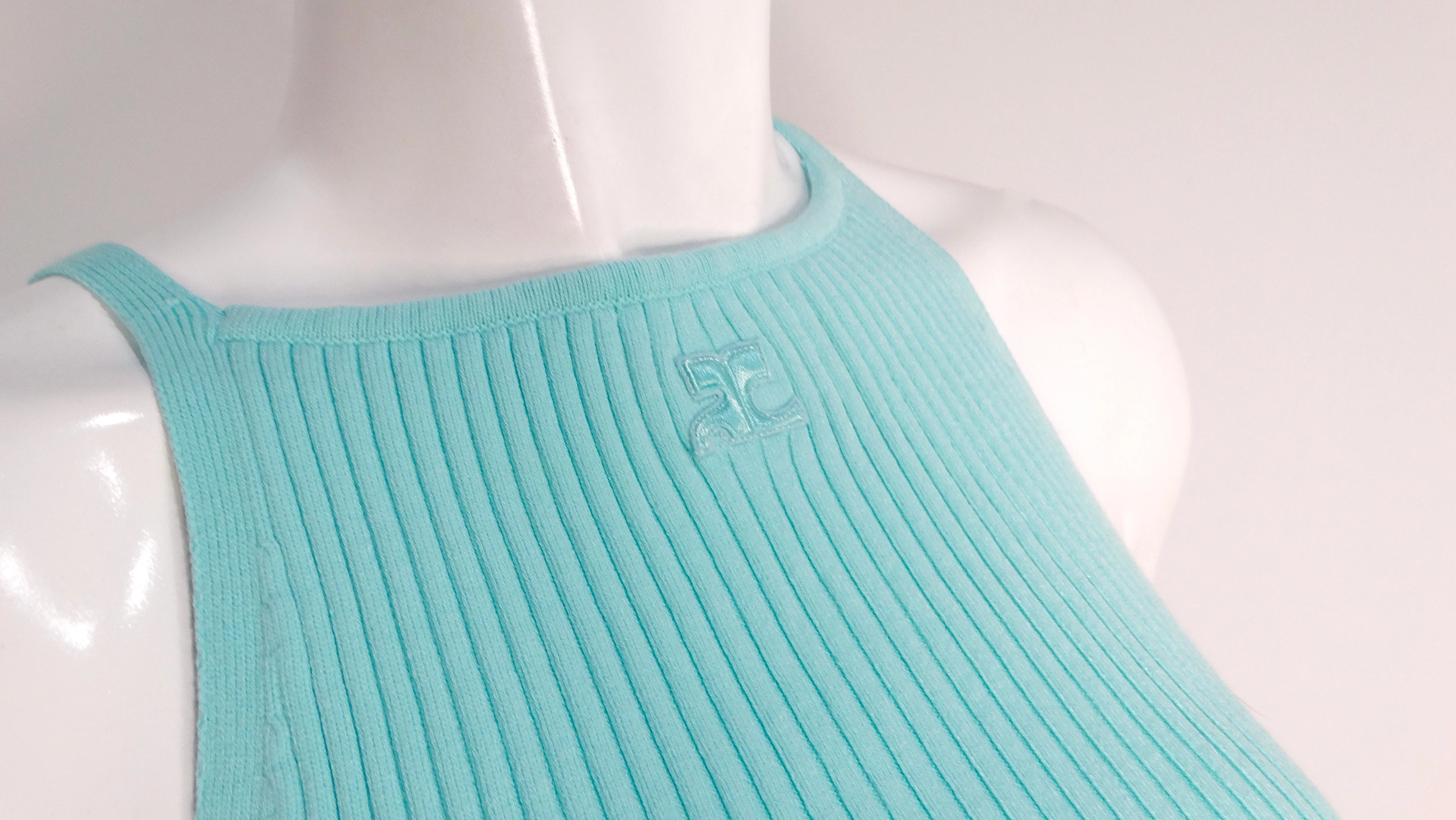 Courreges Ribbed Knit Pointed Hem Teal Tank Top