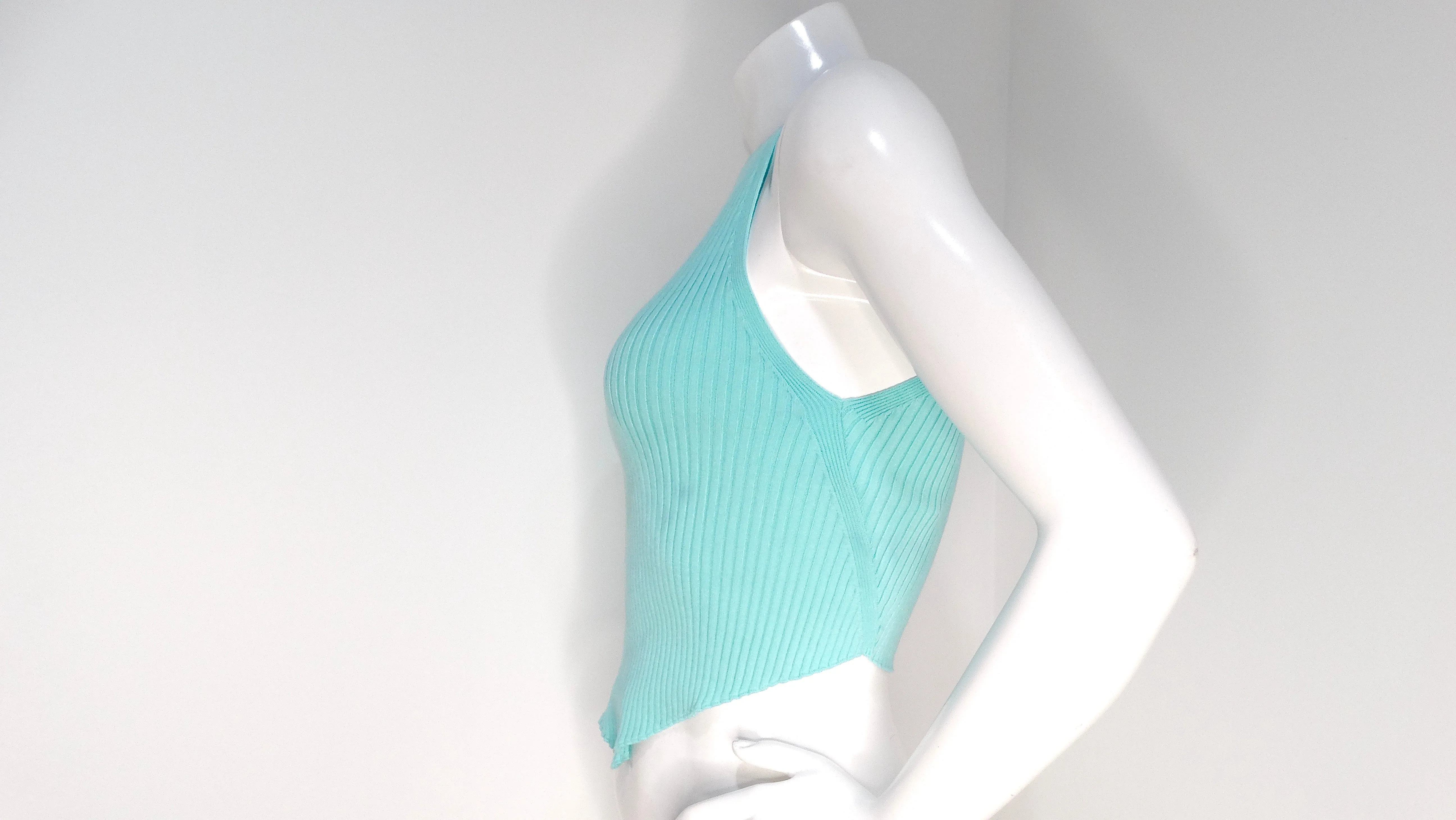 Courreges Ribbed Knit Pointed Hem Teal Tank Top