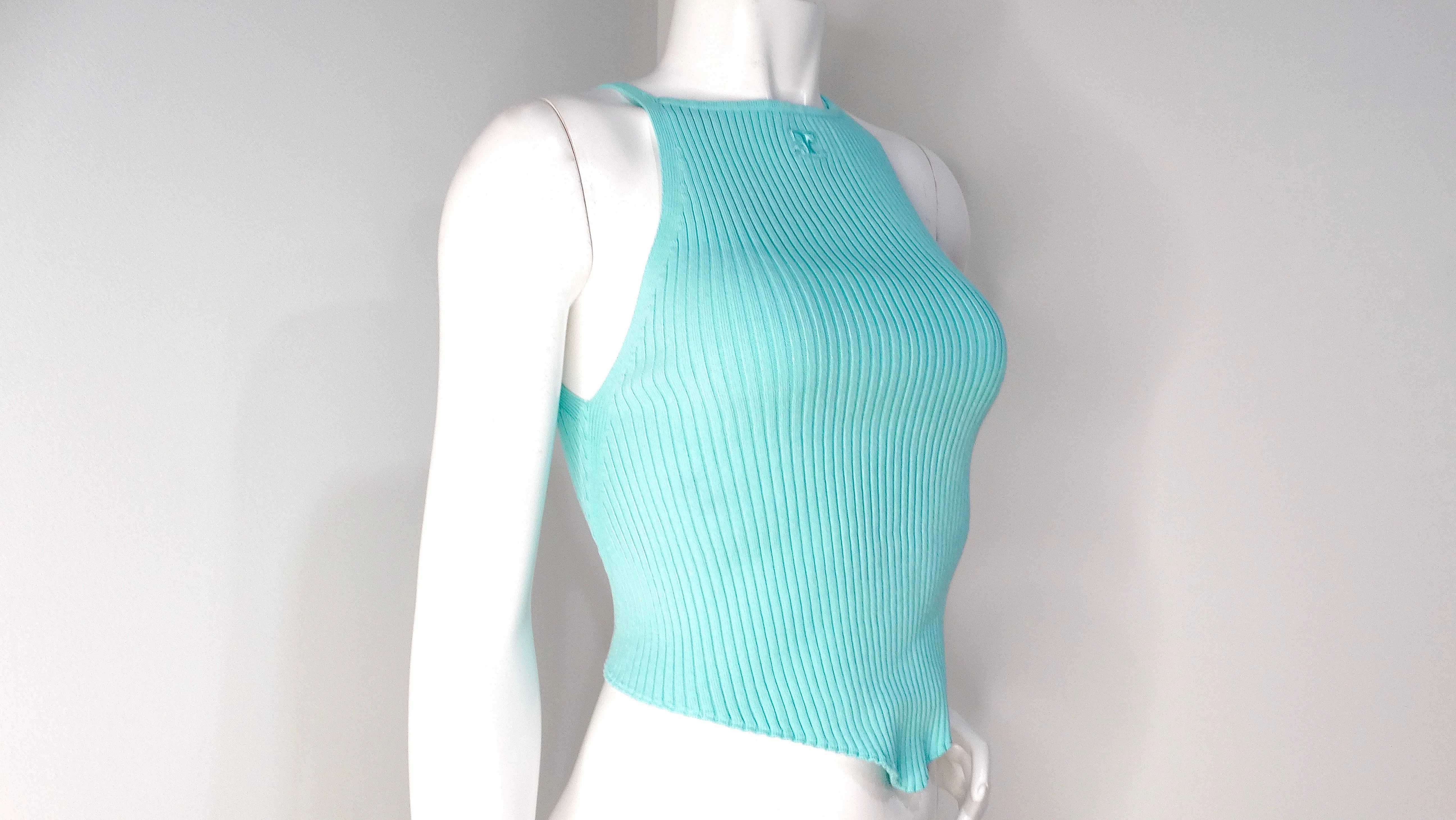 Courreges Ribbed Knit Pointed Hem Teal Tank Top