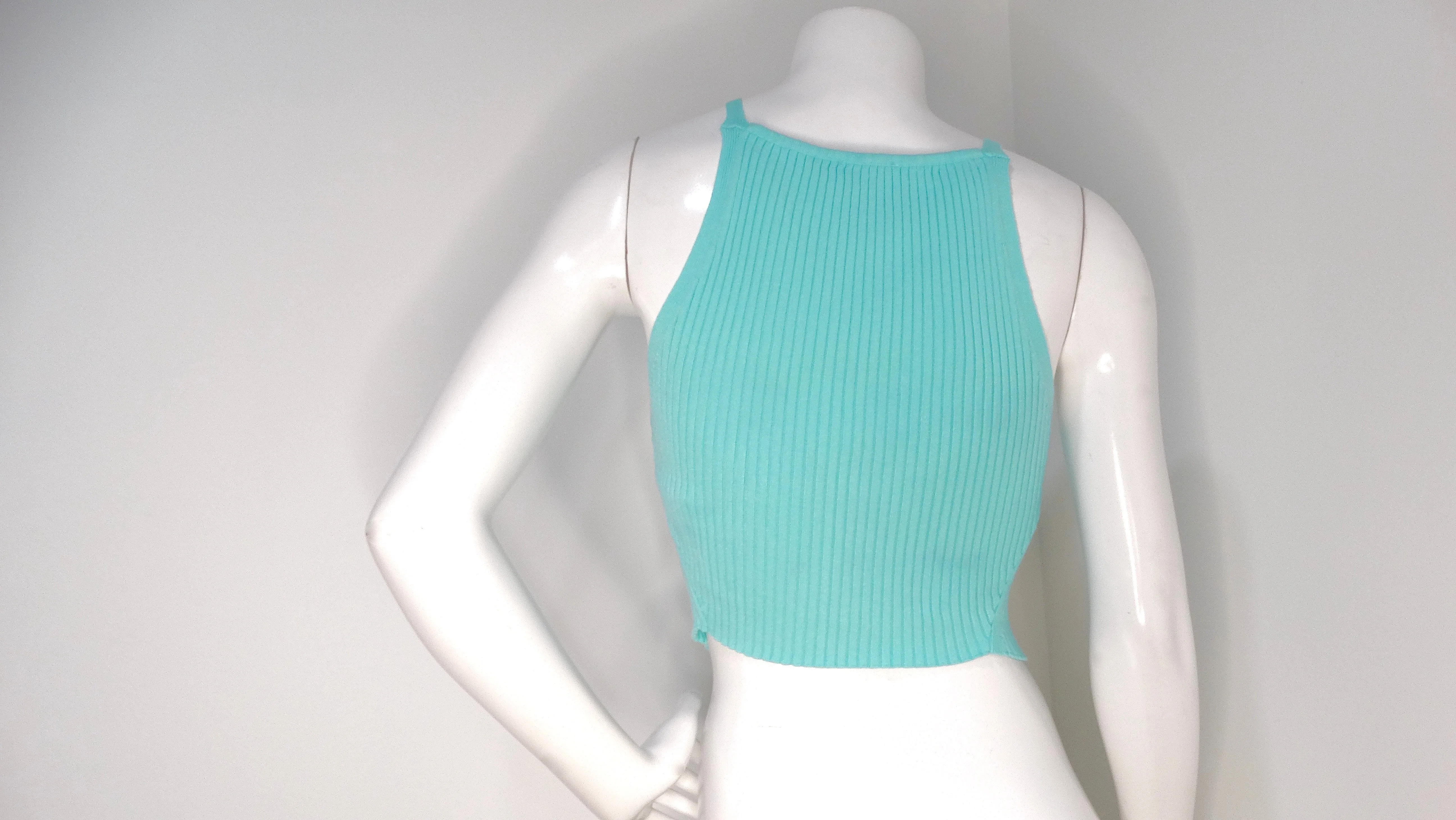 Courreges Ribbed Knit Pointed Hem Teal Tank Top