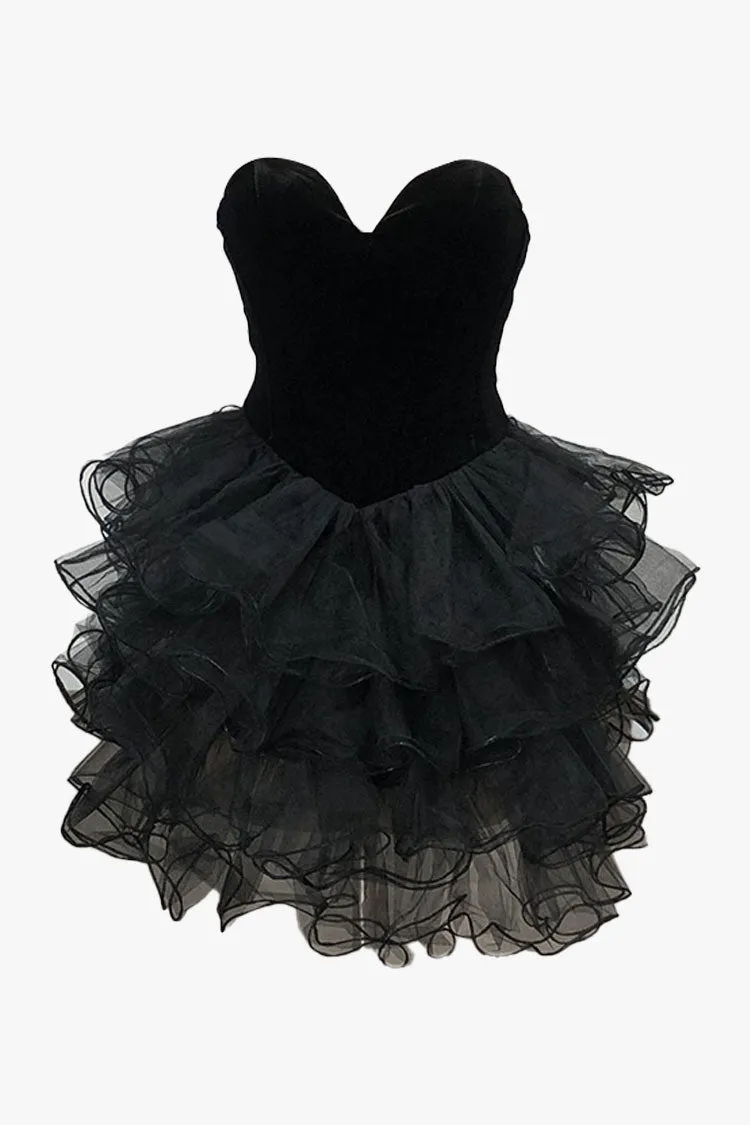 Cute Sweetheart Neck Strapless Drop Waist Layered Ruffle Party Mini Dress