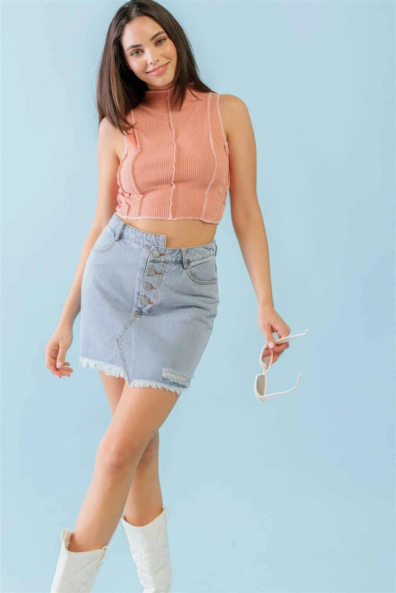 Dark Peach Ribbed Inside-out Sleeveless Mock Neck Crop Top