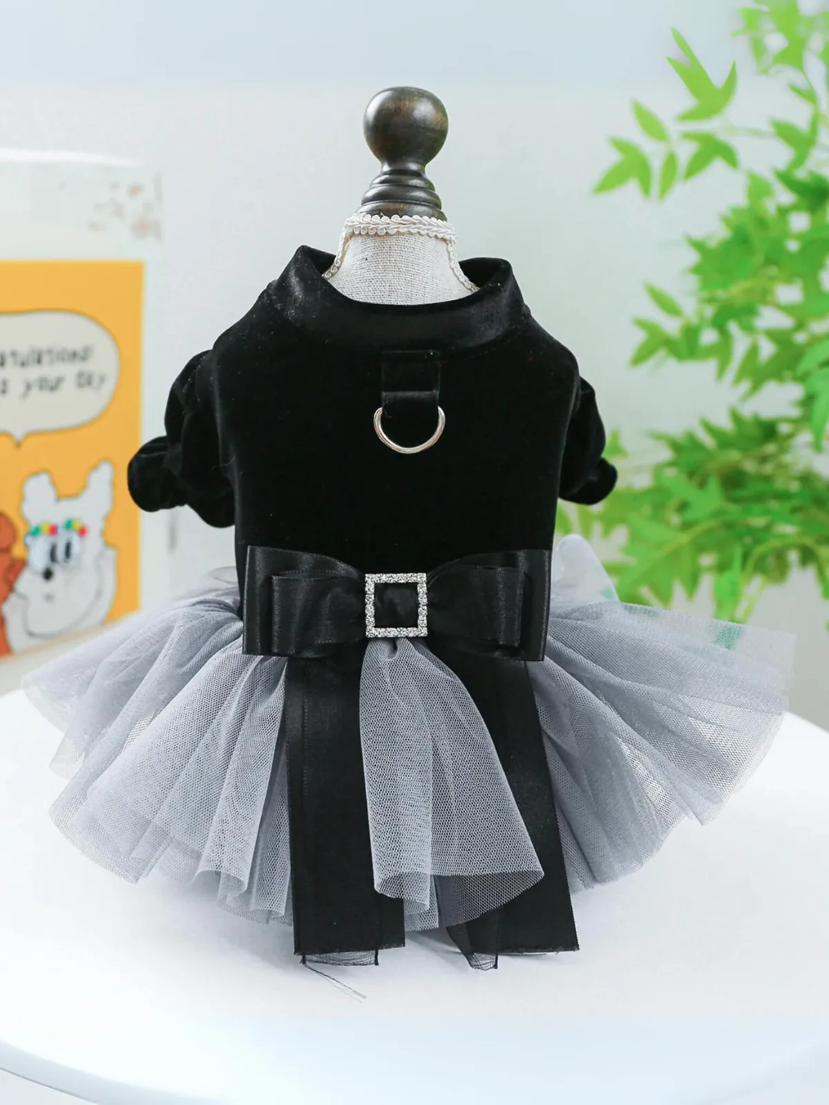 Elegant Black Velvet Bow Princess Mesh Dog Dress