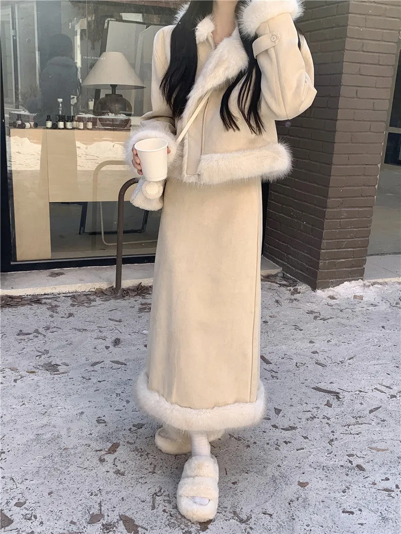 Elegant Chic Cream Fur Winter Jacket & Skirt Two Piece Set