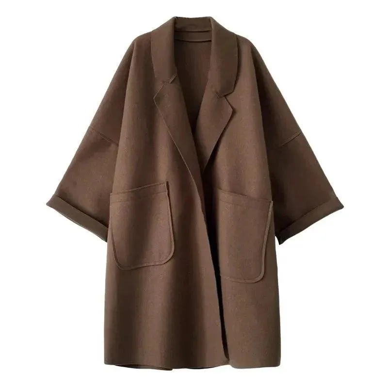 European Style Mid-Length Wool Blend Coat with Cozy Shawl Collar