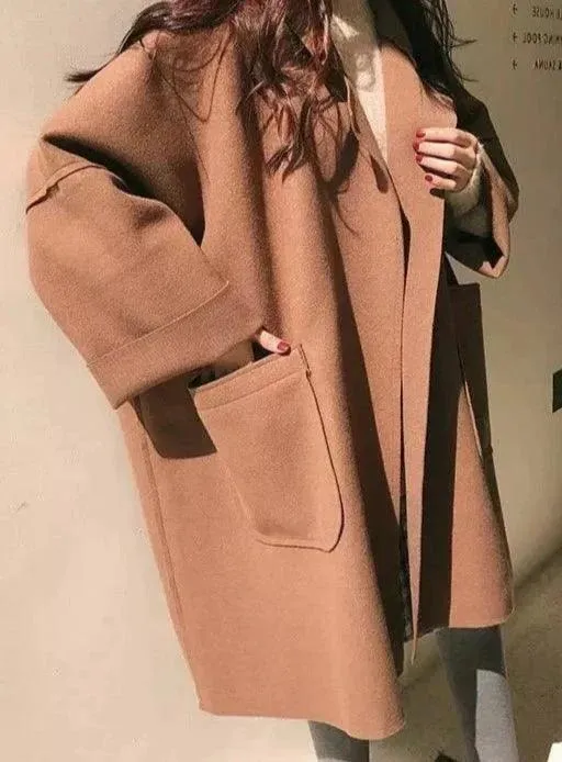 European Style Mid-Length Wool Blend Coat with Cozy Shawl Collar