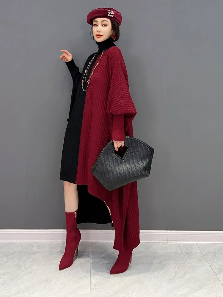 Fashionable knitted irregular turtleneck dress with bat sleeves