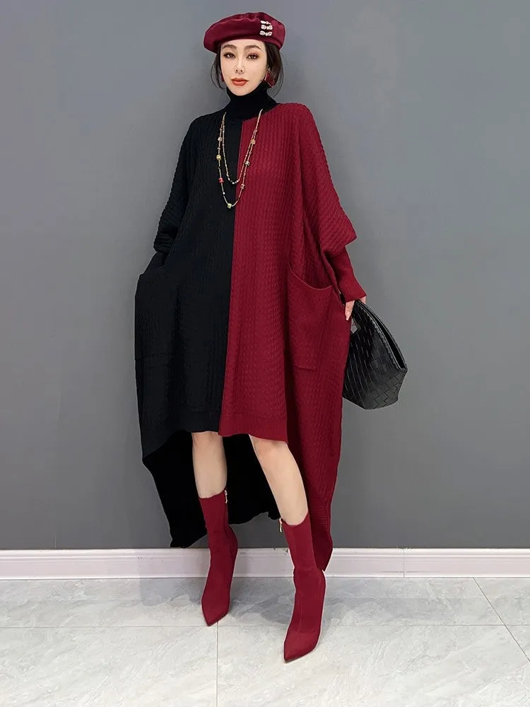 Fashionable knitted irregular turtleneck dress with bat sleeves