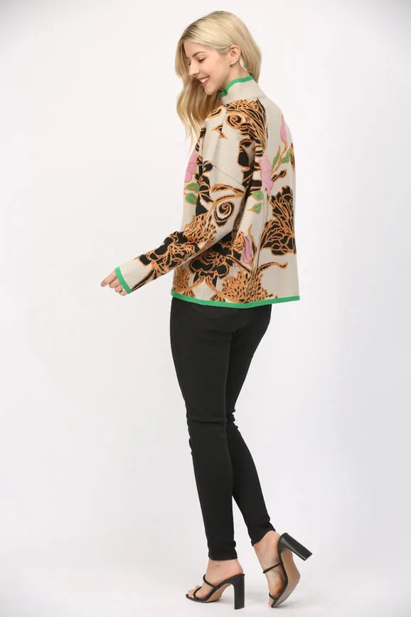 Floral Jacquard Knit Mock Neck Half Zip Sweater