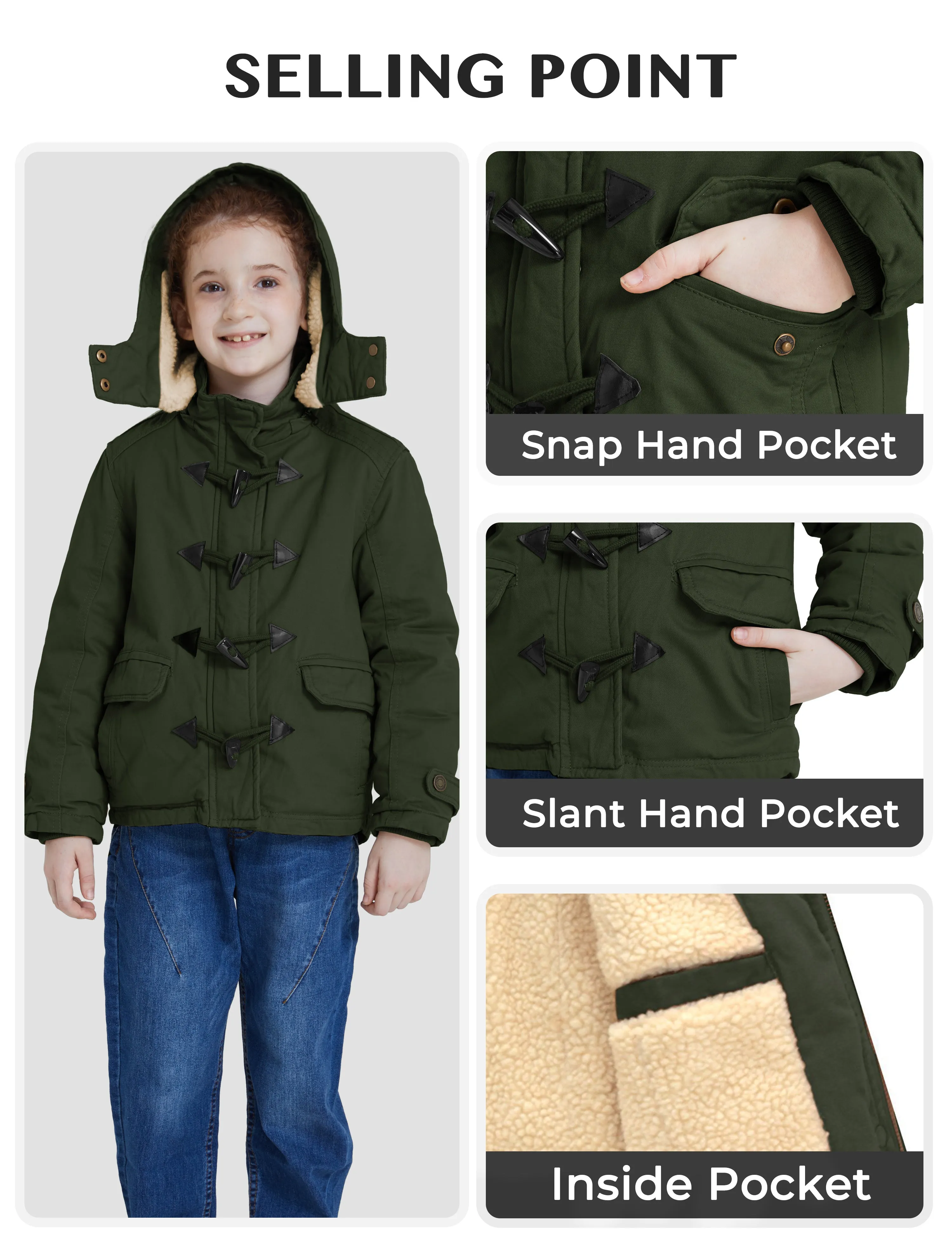 Girl's Winter Sherpa Jacket Thicken Cotton Parka Coat with Removable Hood