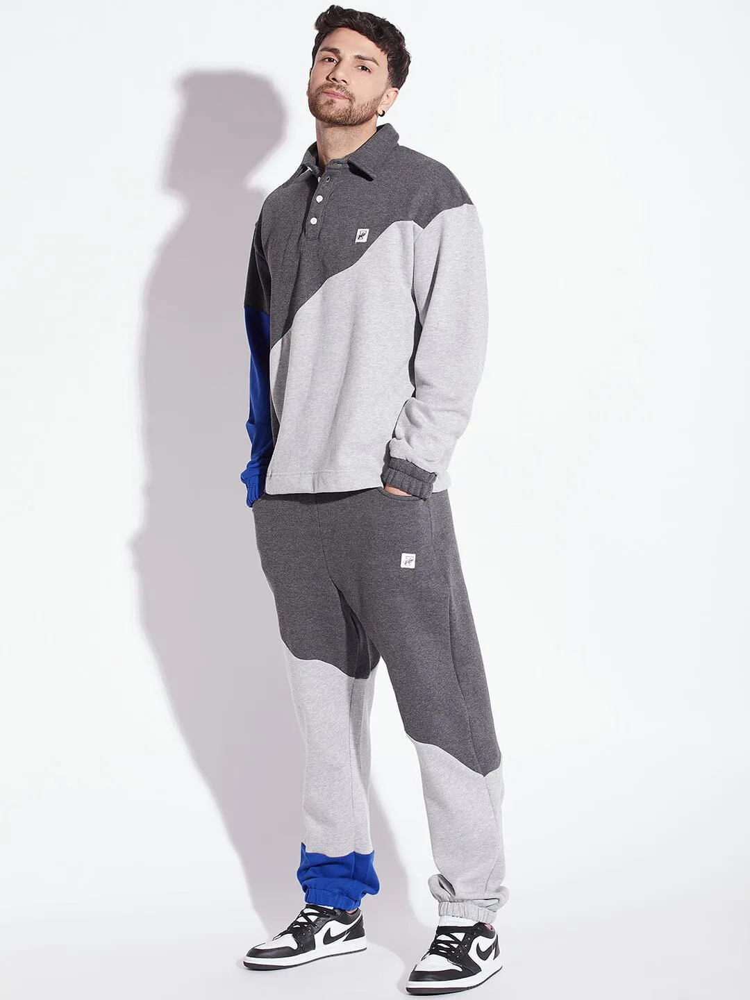 Grey Cut Sew Polo Collared relaxed Tracksuit