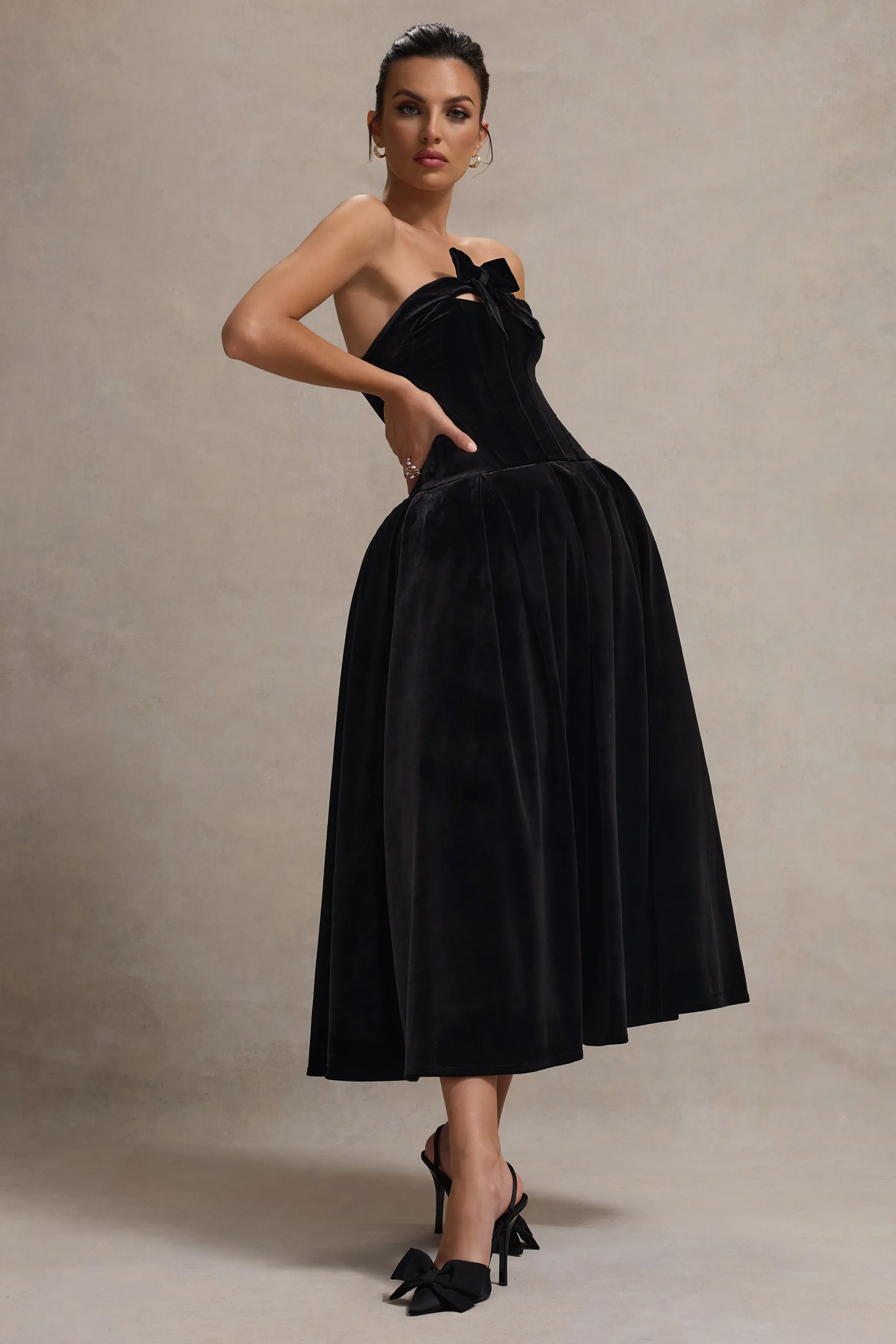 Hepburn | Black Velvet Bandeau Midi Dress With Bow