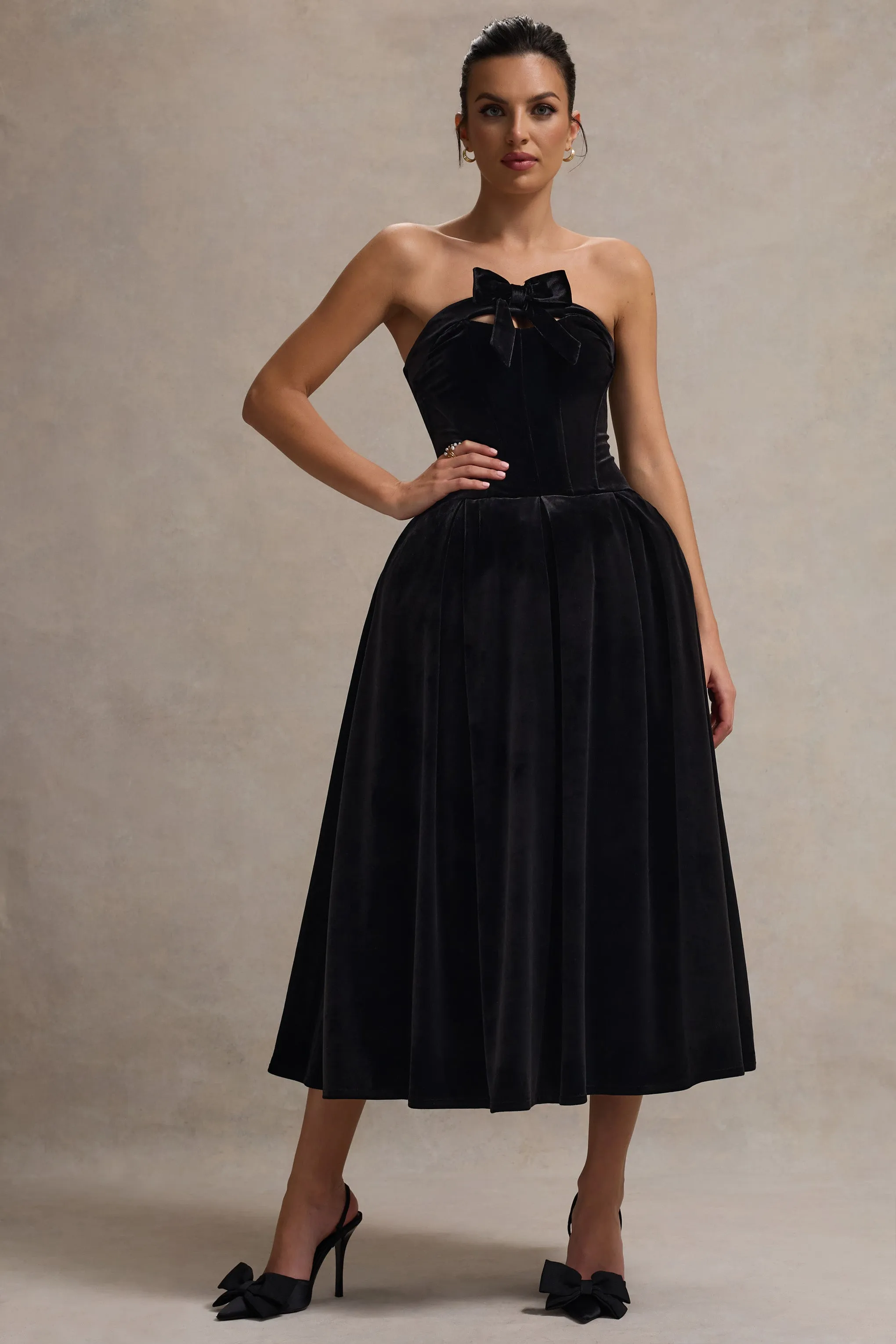 Hepburn | Black Velvet Bandeau Midi Dress With Bow