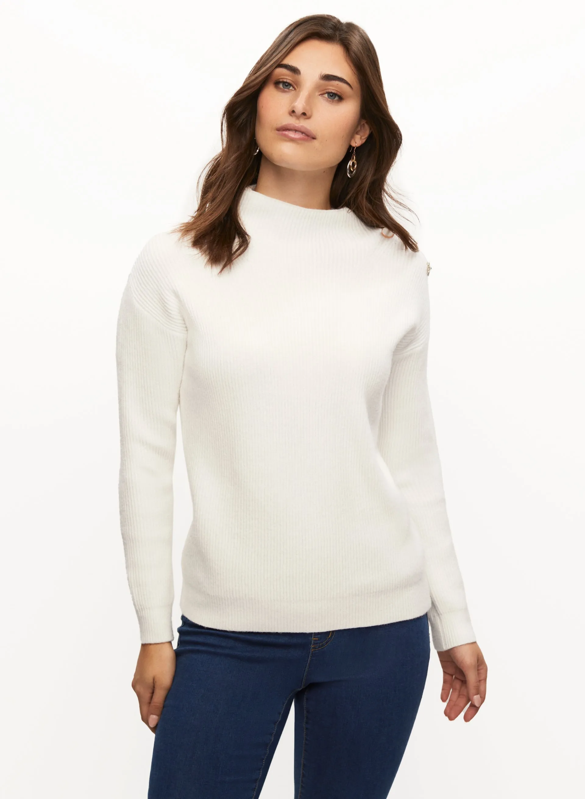 Jewelled Button Mock Neck Sweater