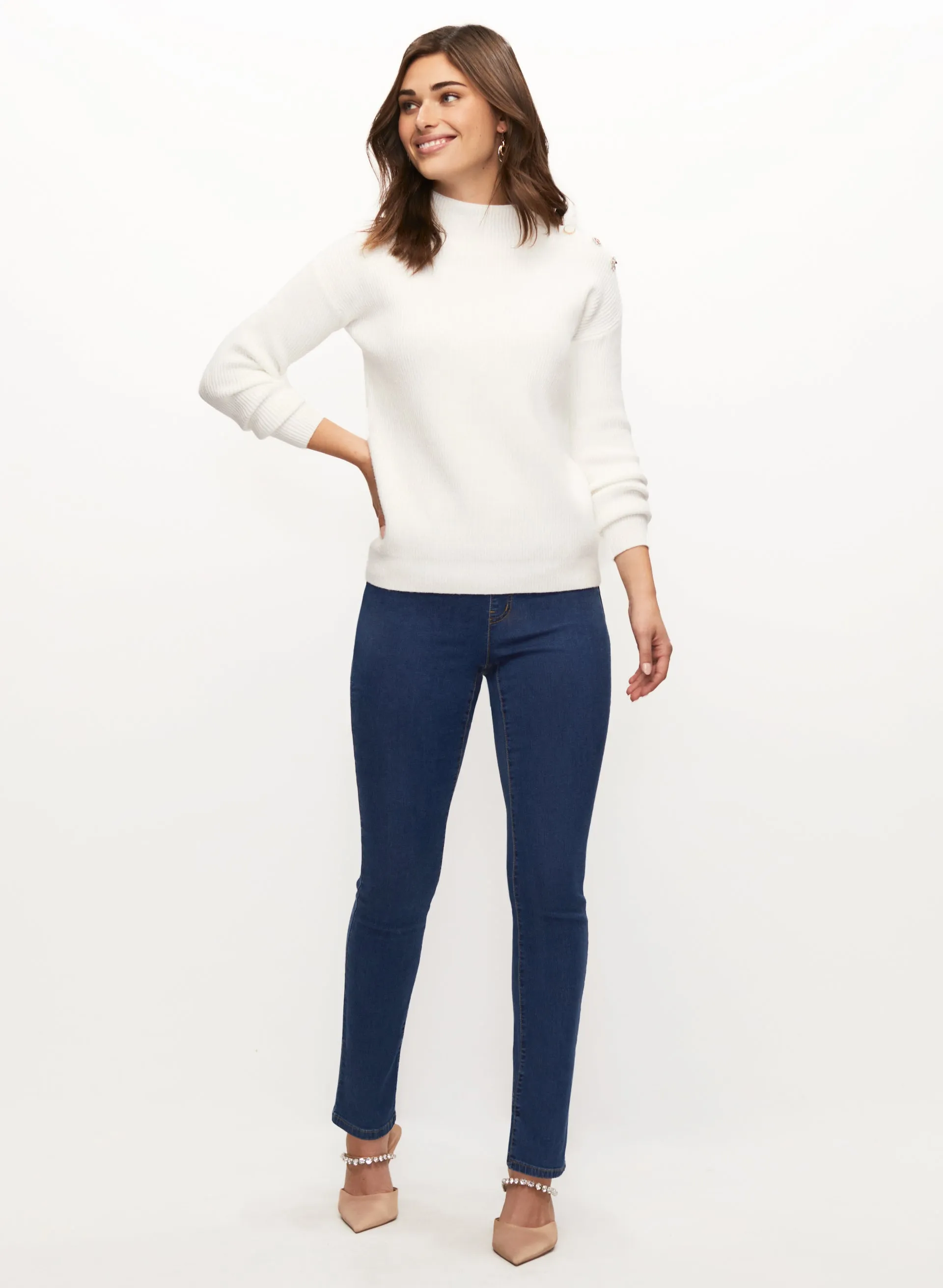 Jewelled Button Mock Neck Sweater