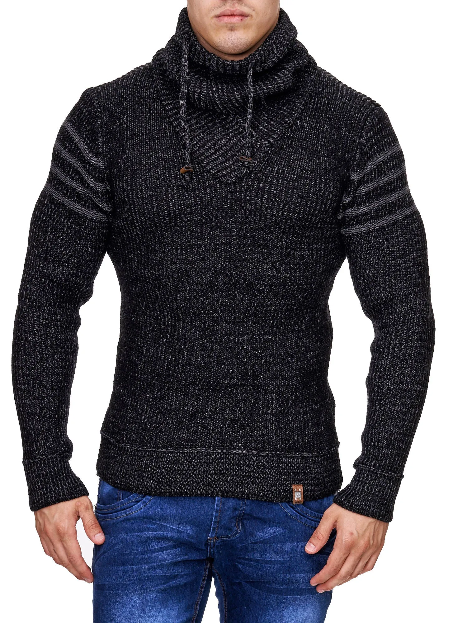 K&D Men Stylish 3 Lines Turtle Neck Sweater - Black