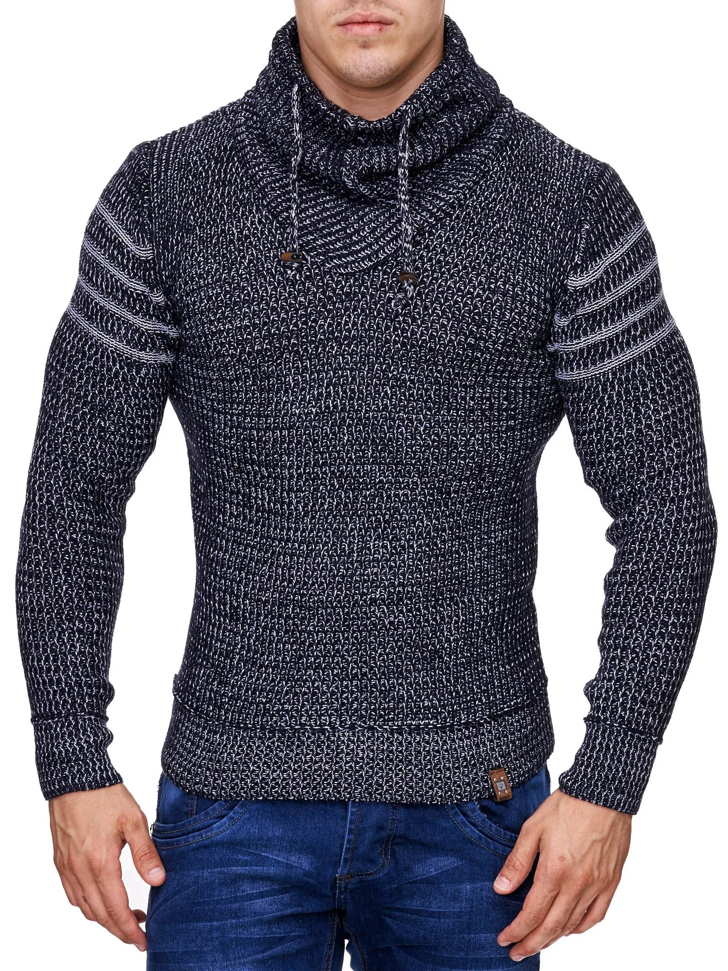 K&D Men Stylish 3 Lines Turtle Neck Sweater - Navy Blue