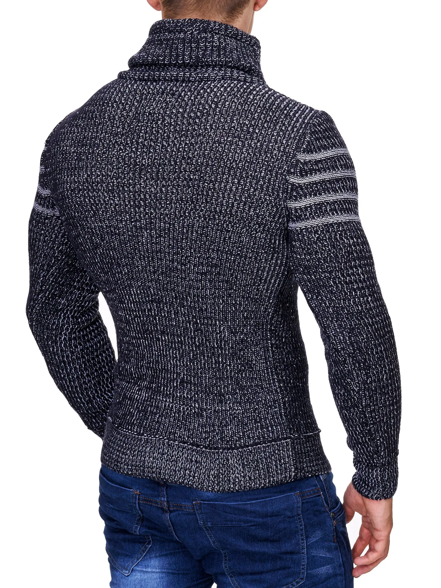 K&D Men Stylish 3 Lines Turtle Neck Sweater - Navy Blue