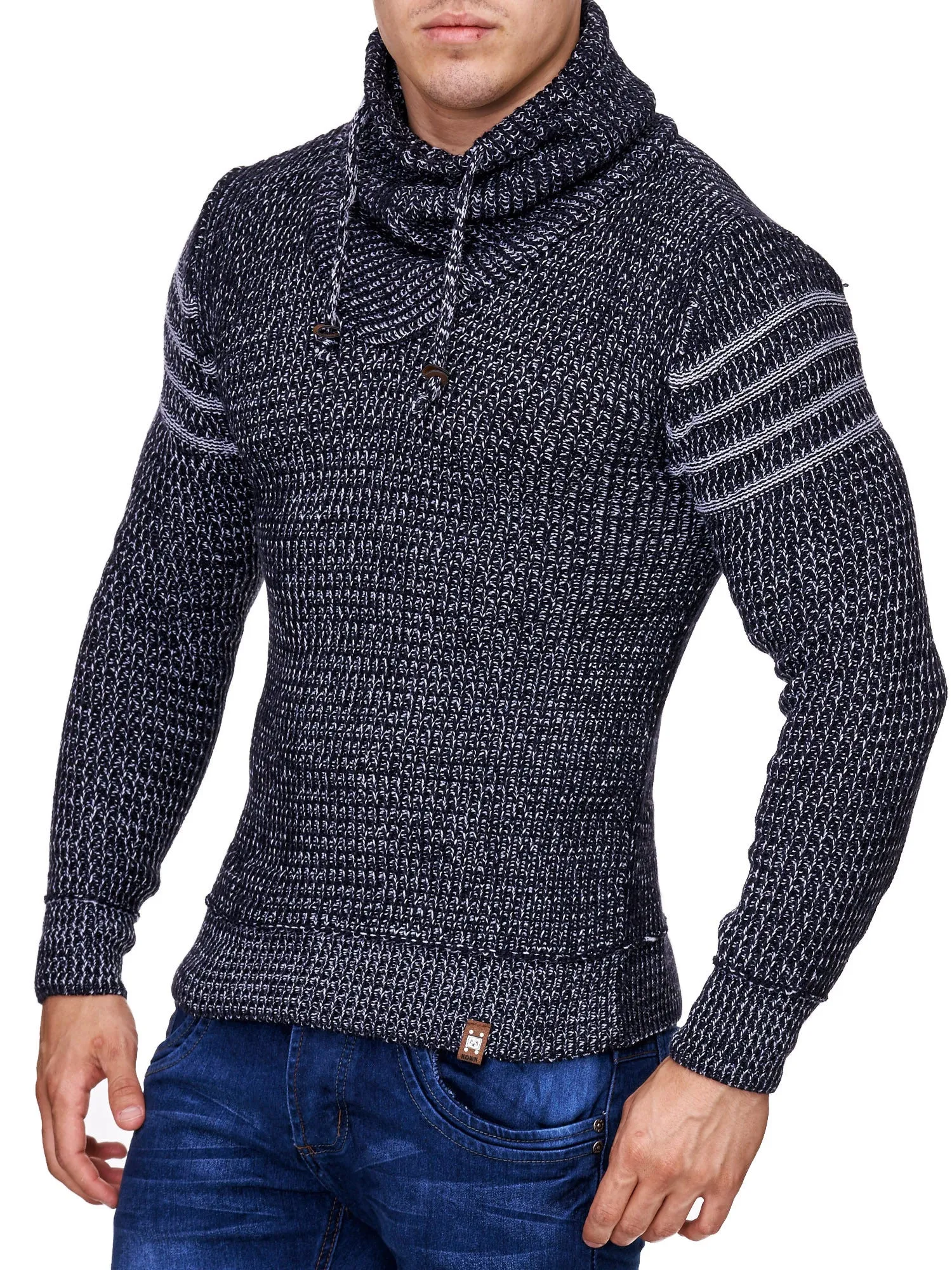 K&D Men Stylish 3 Lines Turtle Neck Sweater - Navy Blue