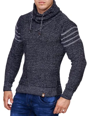 K&D Men Stylish 3 Lines Turtle Neck Sweater - Navy Blue