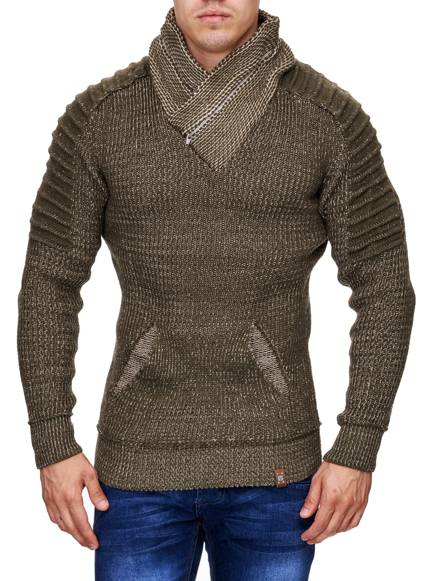 K&D Men Stylish Turtle Zip Neck Ridges Sweater - Green