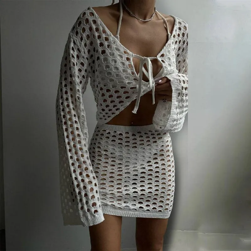 Knitted Beach Cover Up 2- Piece Suit with Blouse Top & Skirt