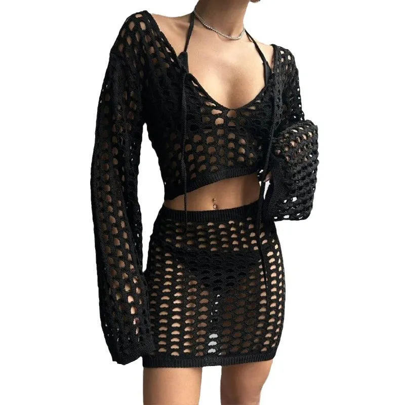 Knitted Beach Cover Up 2- Piece Suit with Blouse Top & Skirt