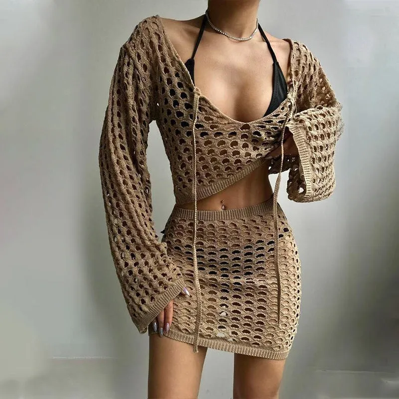 Knitted Beach Cover Up 2- Piece Suit with Blouse Top & Skirt