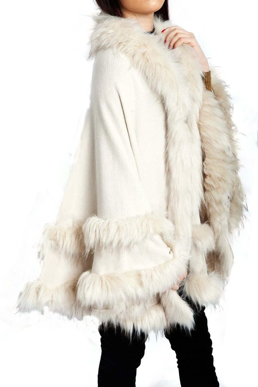 Knitted Double Layer Hooded Faux Fur Swing Cape Poncho