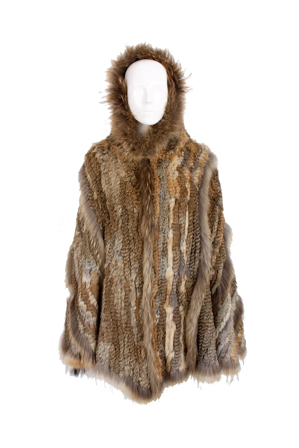 Knitted Rabbit Fur Hooded Swing Cape Poncho