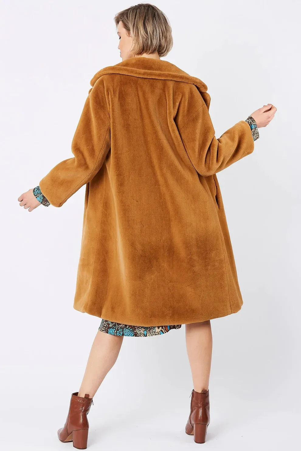 Ladies Mocha Faux Fur Midi Shearling Coat