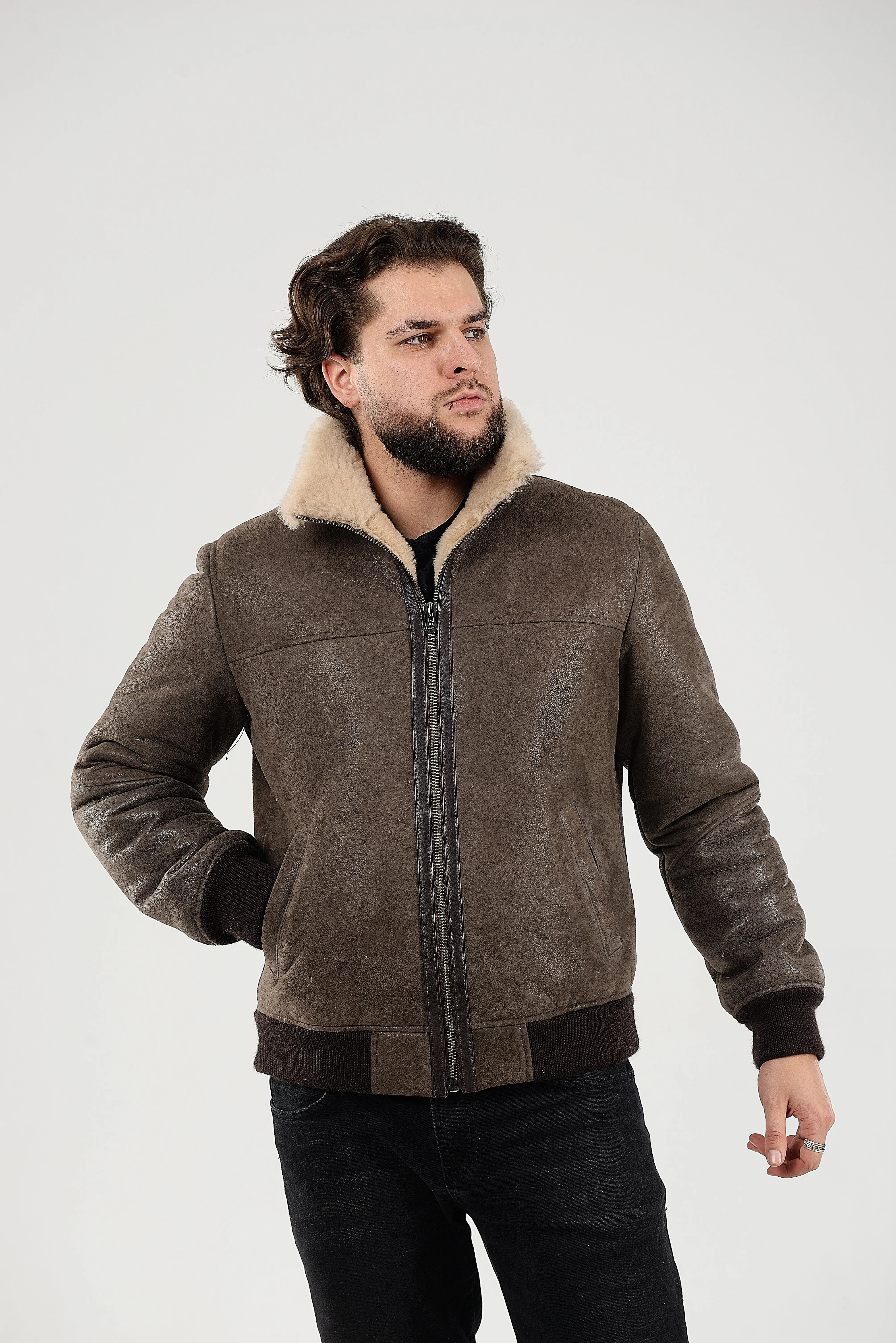 Lightweight Real Shearling Sheepskin Leather Mens Jacket in Khaki Color