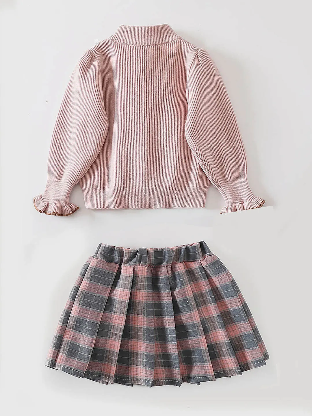 Little Surprise Box 2pcs Pink checks cardigan/Skirt Winterwear set for Girls with Teddy Clips