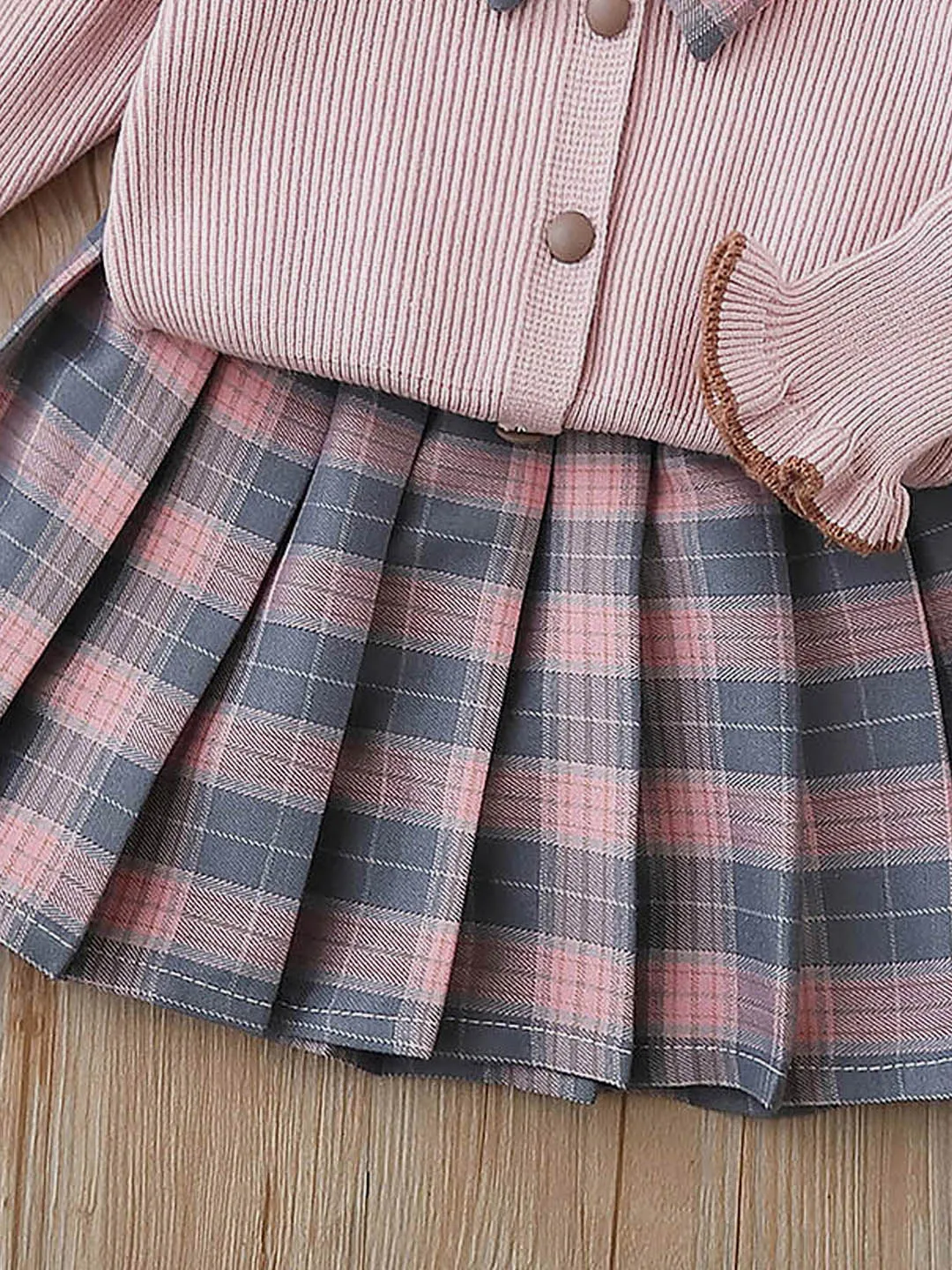 Little Surprise Box 2pcs Pink checks cardigan/Skirt Winterwear set for Girls with Teddy Clips