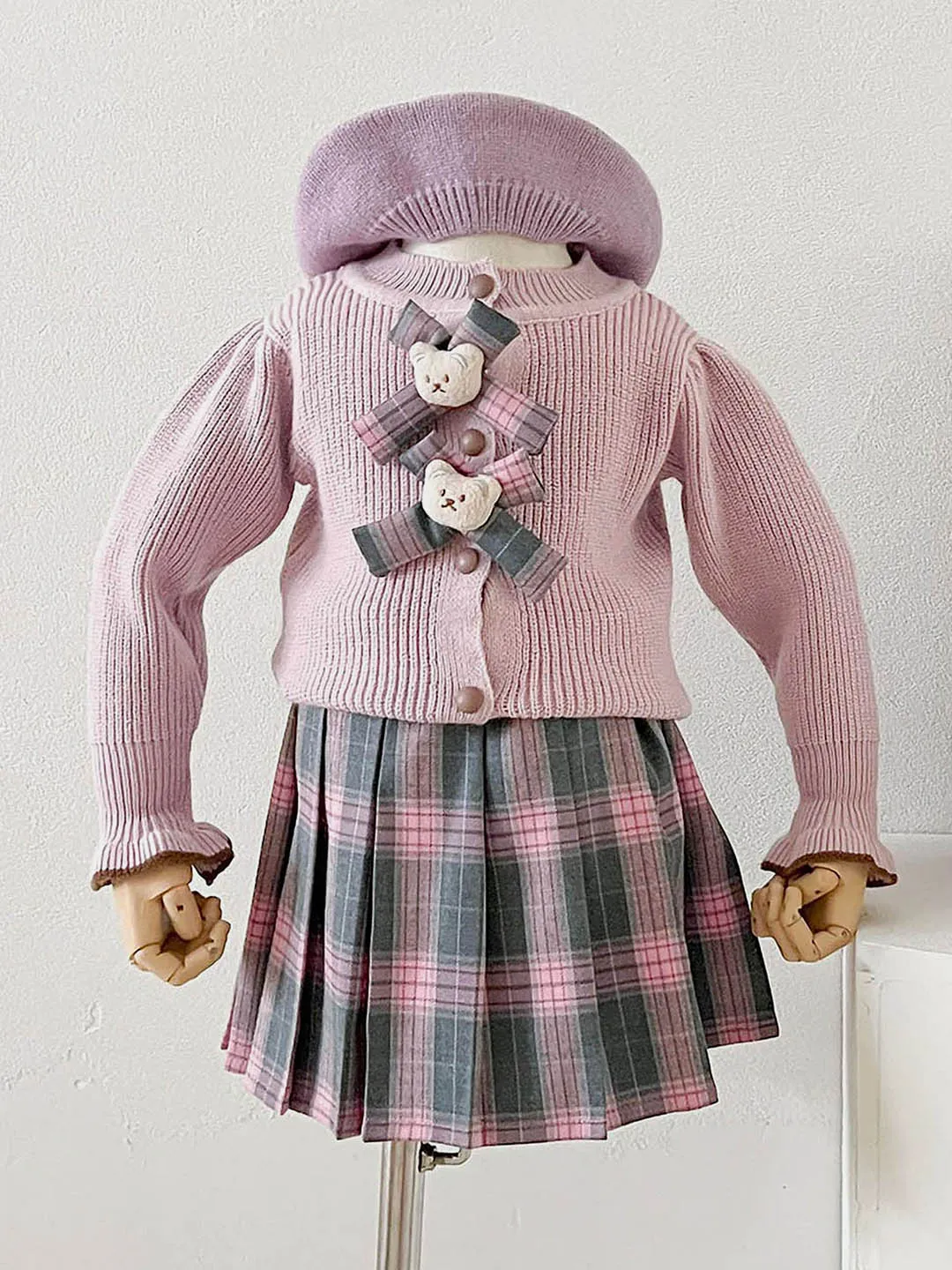 Little Surprise Box 2pcs Pink checks cardigan/Skirt Winterwear set for Girls with Teddy Clips