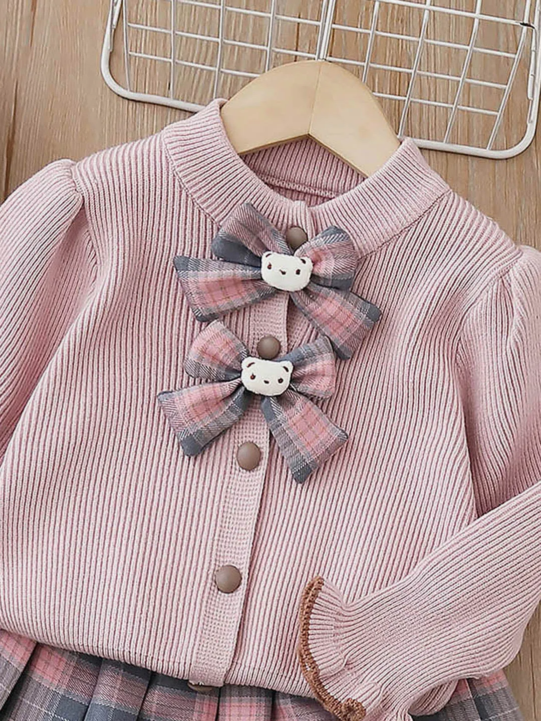 Little Surprise Box 2pcs Pink checks cardigan/Skirt Winterwear set for Girls with Teddy Clips