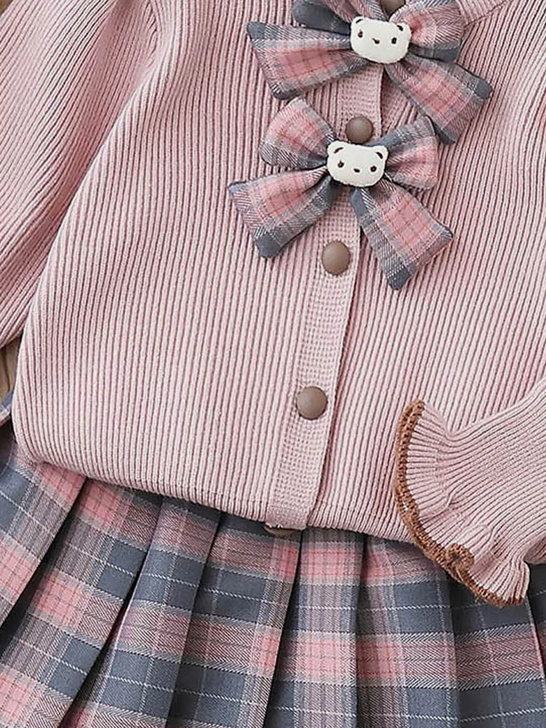 Little Surprise Box 2pcs Pink checks cardigan/Skirt Winterwear set for Girls with Teddy Clips