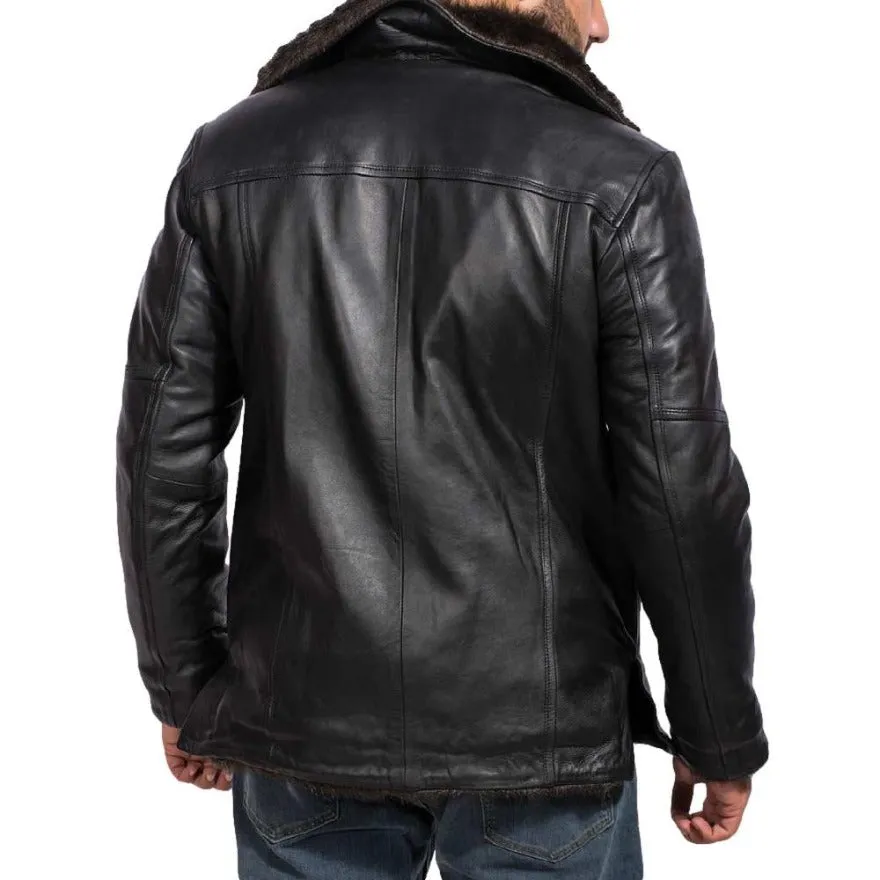 Mens Black Leather Shearling Coat | Genuine Nappa Sheepskin