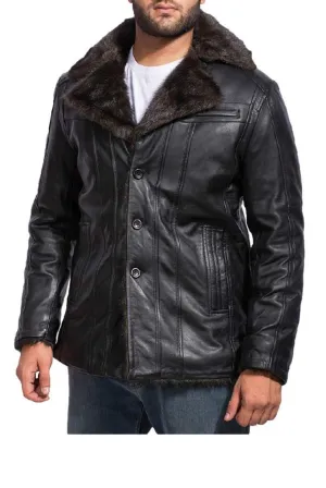 Mens Black Leather Shearling Coat | Genuine Nappa Sheepskin