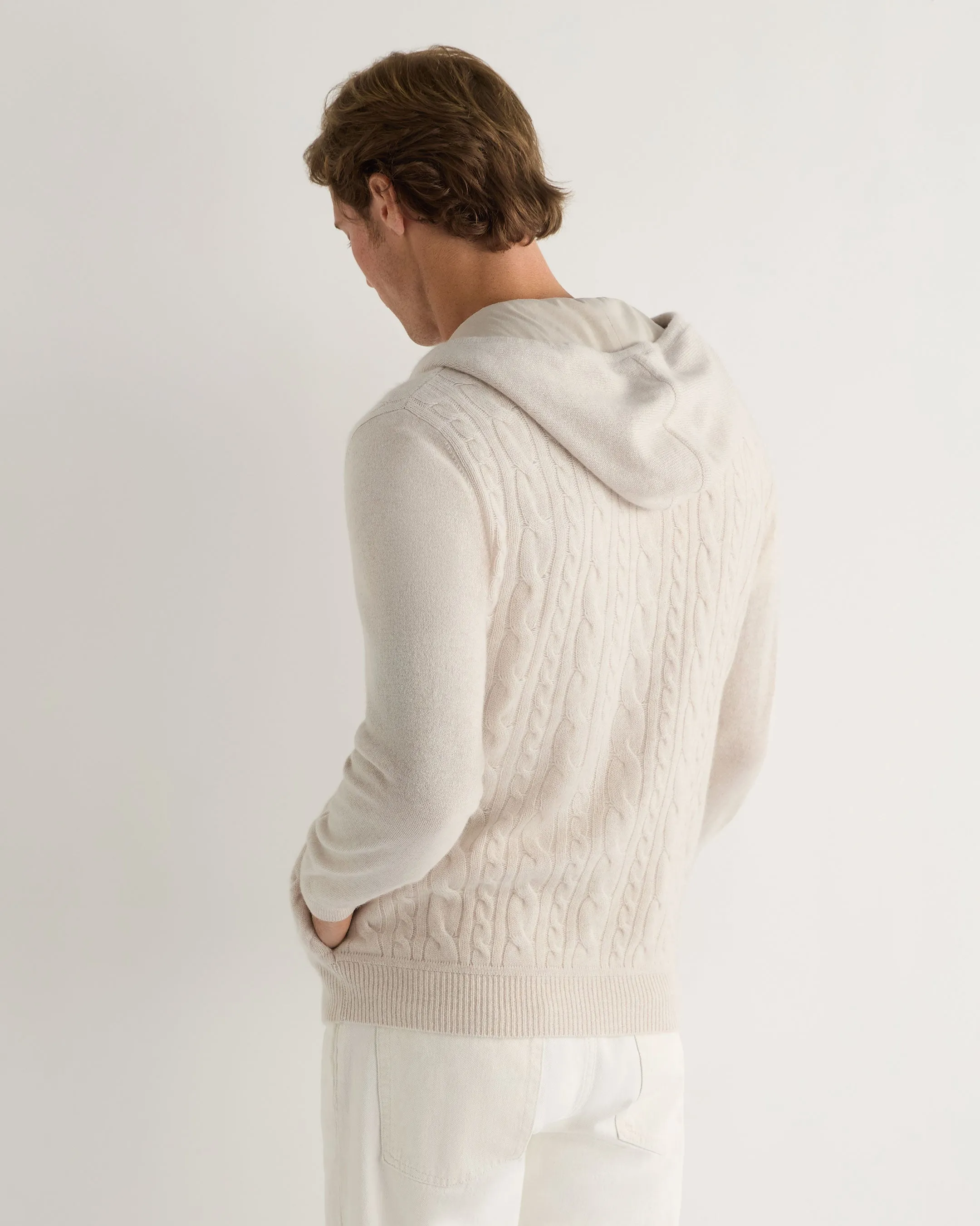 Men's Fulham Cable Zip Cashmere Hoodie Frost White