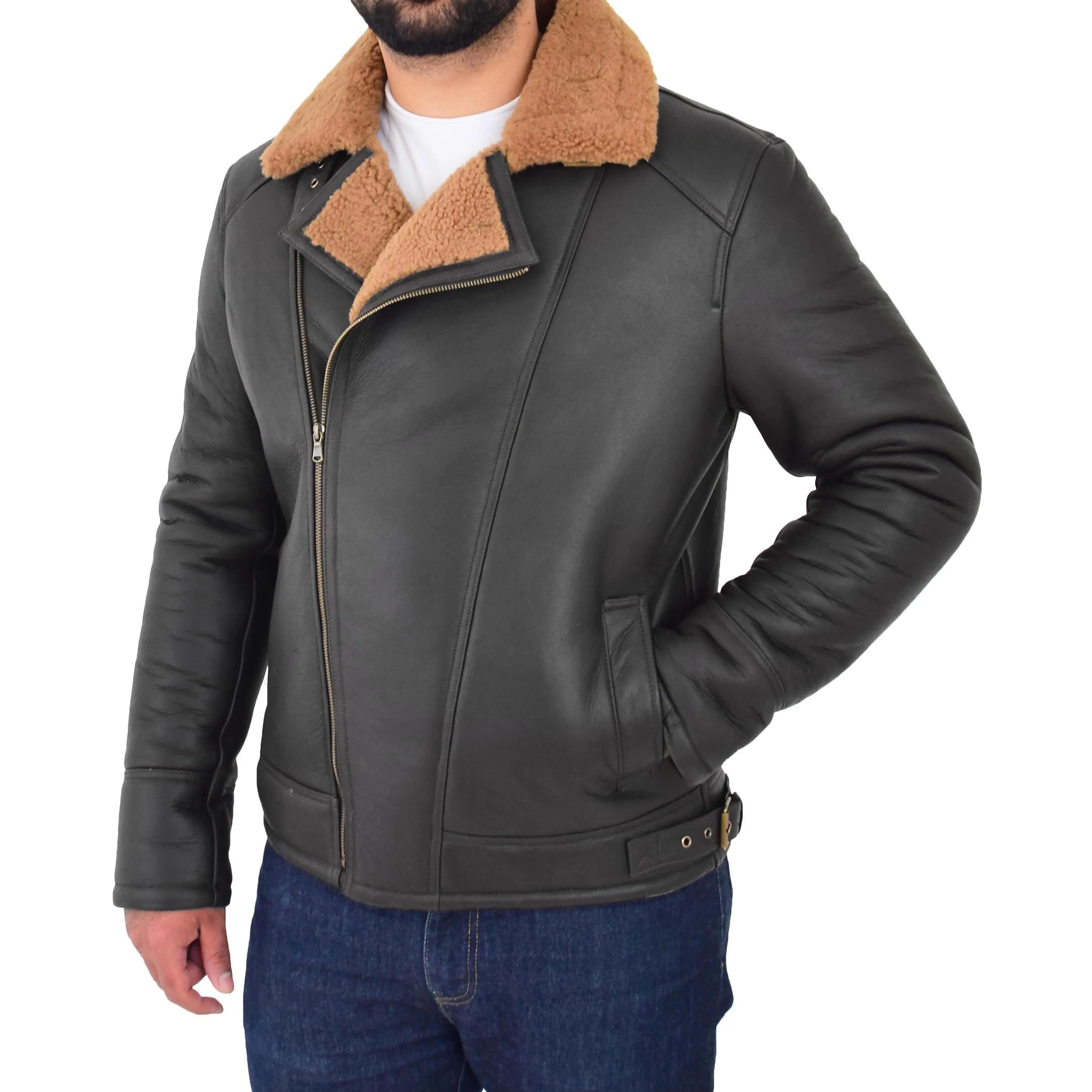 Mens Real Sheepskin Flying Jacket X-Zip Shearling Aviator Bomber Stealth Brown Ginger